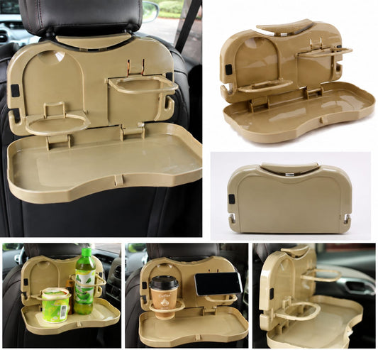 Car Travel Dining Tray | Foldable Car Back Seat Food & Drink Tray with Dual Cup Holders | Portable Car Seat Organizer (Beige)