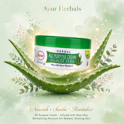 Ayur Herbals Herbal All Purpose Cream With Aloe Vera & Vitamin E | For All Skin Types | Daily Moisturizer For Face, Body & Hands | 200gm
