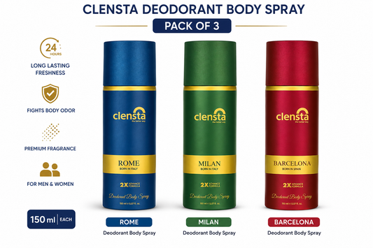 Clensta Deodorant Body Spray Combo Pack (Rome, Milan & Barcelona) | Long-Lasting Freshness | Pack of 3 | 150 ml Each