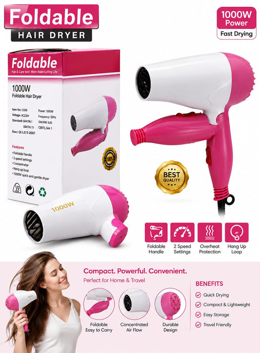 1000W Foldable Hair Dryer | 2 Speed Settings | Compact & Lightweight | Travel Hair Dryer | White & Pink