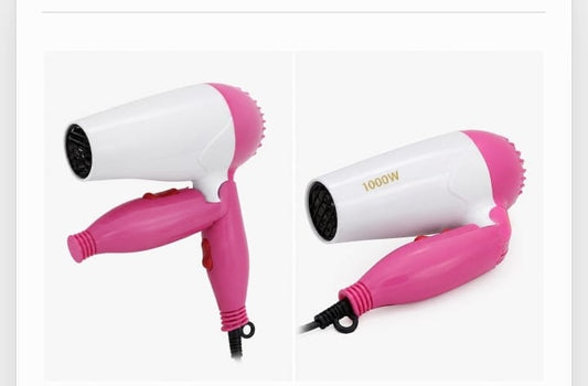 1000W Foldable Hair Dryer | 2 Speed Settings | Compact & Lightweight | Travel Hair Dryer | White & Pink