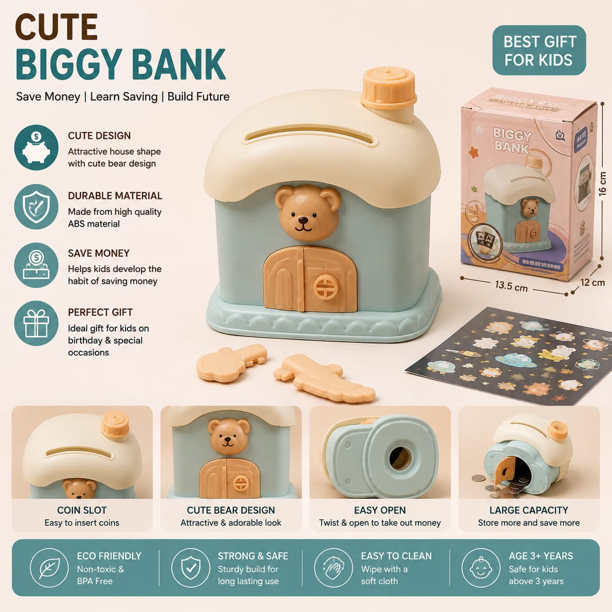 Cute Bear House Piggy Bank for Kids | Money Saving Coin Bank | ABS Plastic | Best Gift for Boys & Girls (3+ Years)