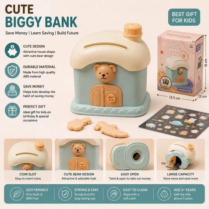 Cute Bear House Piggy Bank for Kids | Money Saving Coin Bank | ABS Plastic | Best Gift for Boys & Girls (3+ Years)