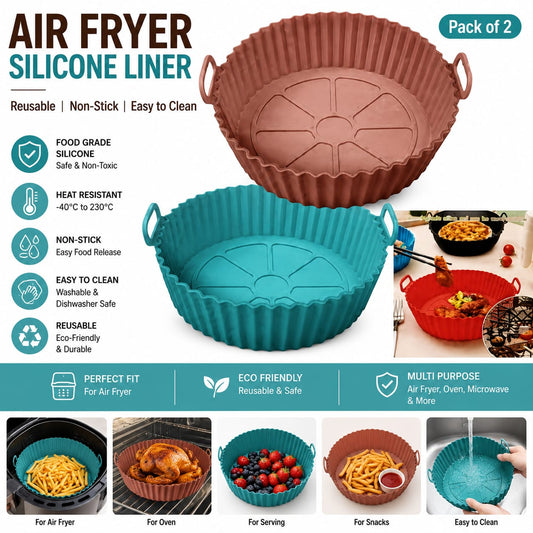 Air Fryer Silicone Liner (Pack of 2) | Reusable Food Grade Non-Stick Baking Basket | Heat Resistant | Oven & Microwave Safe