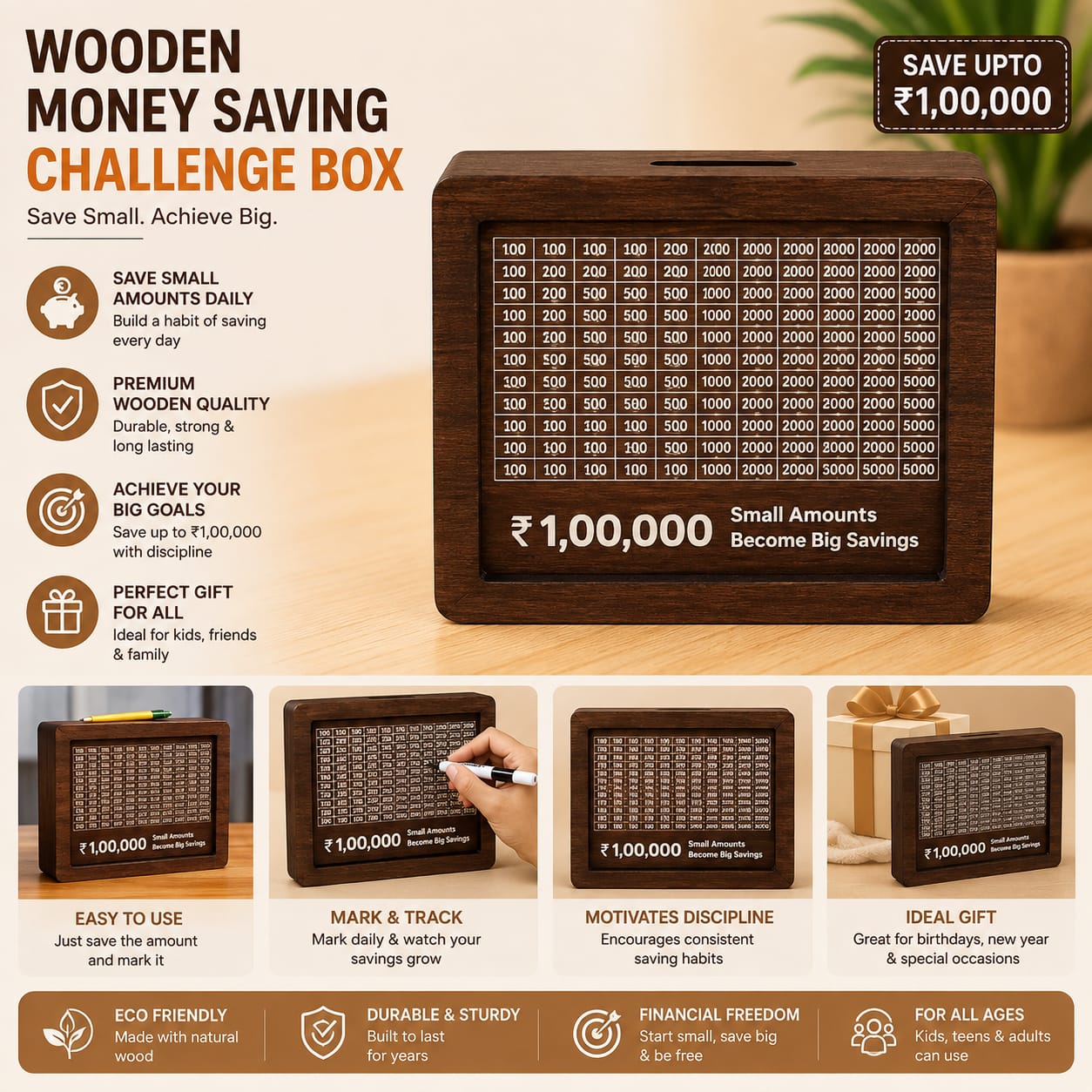 Wooden Money Saving Challenge Box – ₹1,00,000 Savings Goal | Reusable Wooden Piggy Bank with Tracking Board