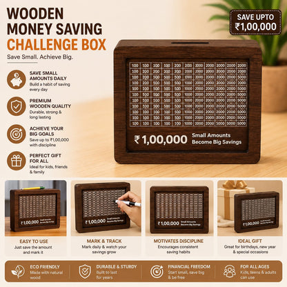 Wooden Money Saving Challenge Box – ₹1,00,000 Savings Goal | Reusable Wooden Piggy Bank with Tracking Board