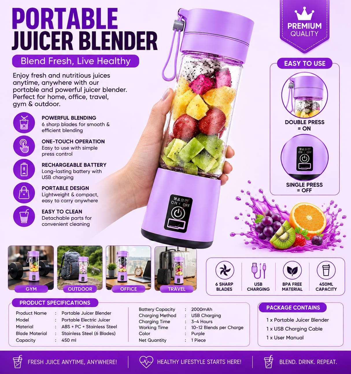 Portable USB Rechargeable Juicer Blender 450ml – 6 Stainless Steel Blades | Personal Smoothie Maker | BPA-Free Bottle