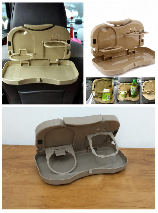 Car Travel Dining Tray | Foldable Car Back Seat Food & Drink Tray with Dual Cup Holders | Portable Car Seat Organizer (Beige)