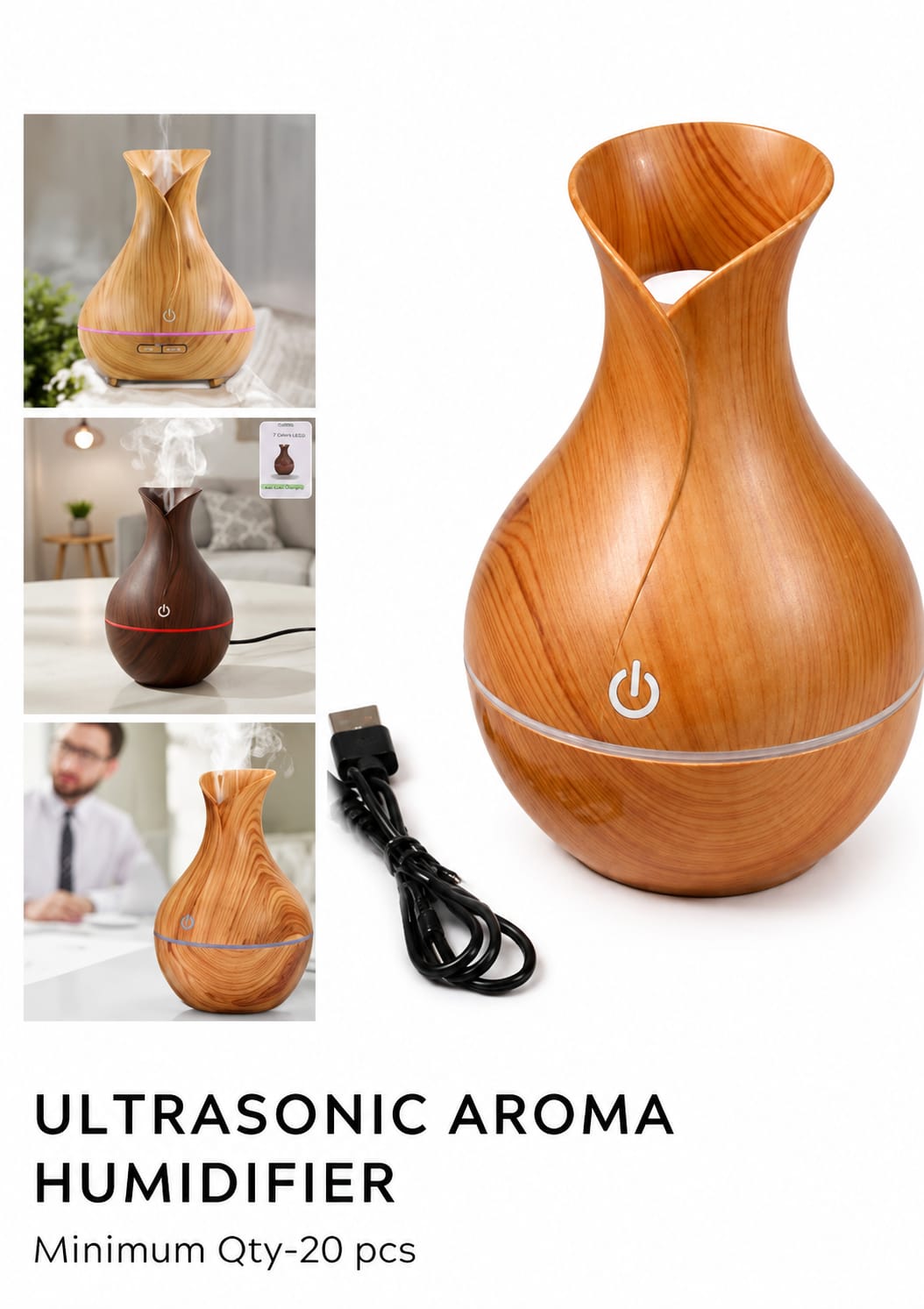Ultrasonic Aroma Humidifier | USB Essential Oil Diffuser | 7 Color LED Night Light | Wooden Finish Air Humidifier