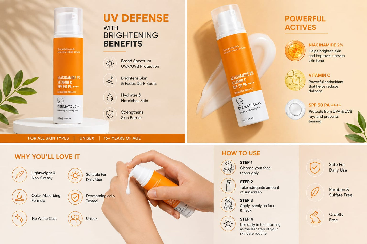 Dermatouch Niacinamide 2% + Vitamin C Sunscreen Aqua Gel SPF 50 PA++++