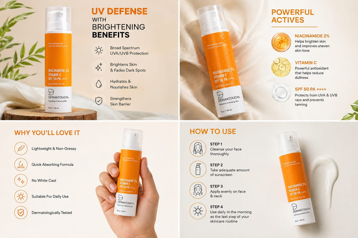 Dermatouch Niacinamide 2% + Vitamin C Sunscreen Aqua Gel SPF 50 PA++++