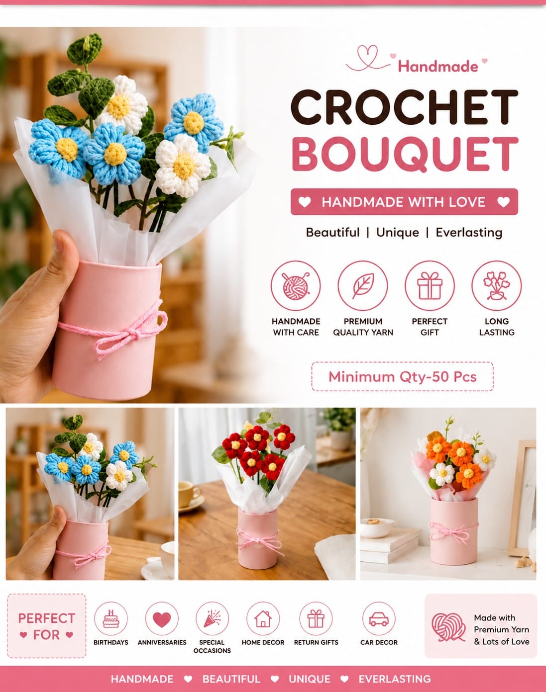 Handmade Crochet Flower Bouquet with Gift Pot | Premium Yarn | Everlasting Gift | Home & Car Decor