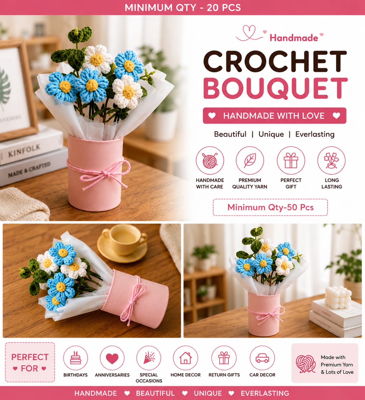 Handmade Crochet Flower Bouquet with Gift Pot | Premium Yarn | Everlasting Gift | Home & Car Decor