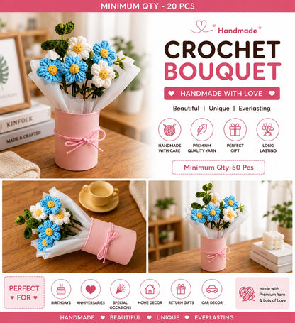 Handmade Crochet Flower Bouquet with Gift Pot | Premium Yarn | Everlasting Gift | Home & Car Decor