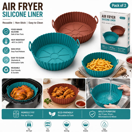 Air Fryer Silicone Liner (Pack of 2) | Reusable Food Grade Non-Stick Baking Basket | Heat Resistant | Oven & Microwave Safe