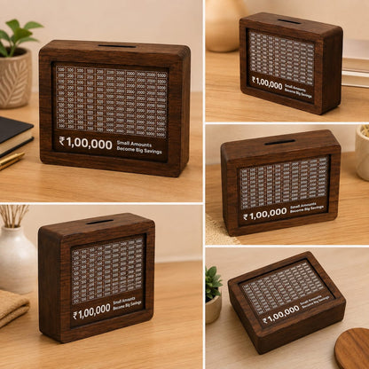 Wooden Money Saving Challenge Box – ₹1,00,000 Savings Goal | Reusable Wooden Piggy Bank with Tracking Board