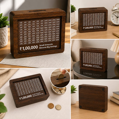 Wooden Money Saving Challenge Box – ₹1,00,000 Savings Goal | Reusable Wooden Piggy Bank with Tracking Board