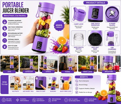 Portable USB Rechargeable Juicer Blender 450ml – 6 Stainless Steel Blades | Personal Smoothie Maker | BPA-Free Bottle