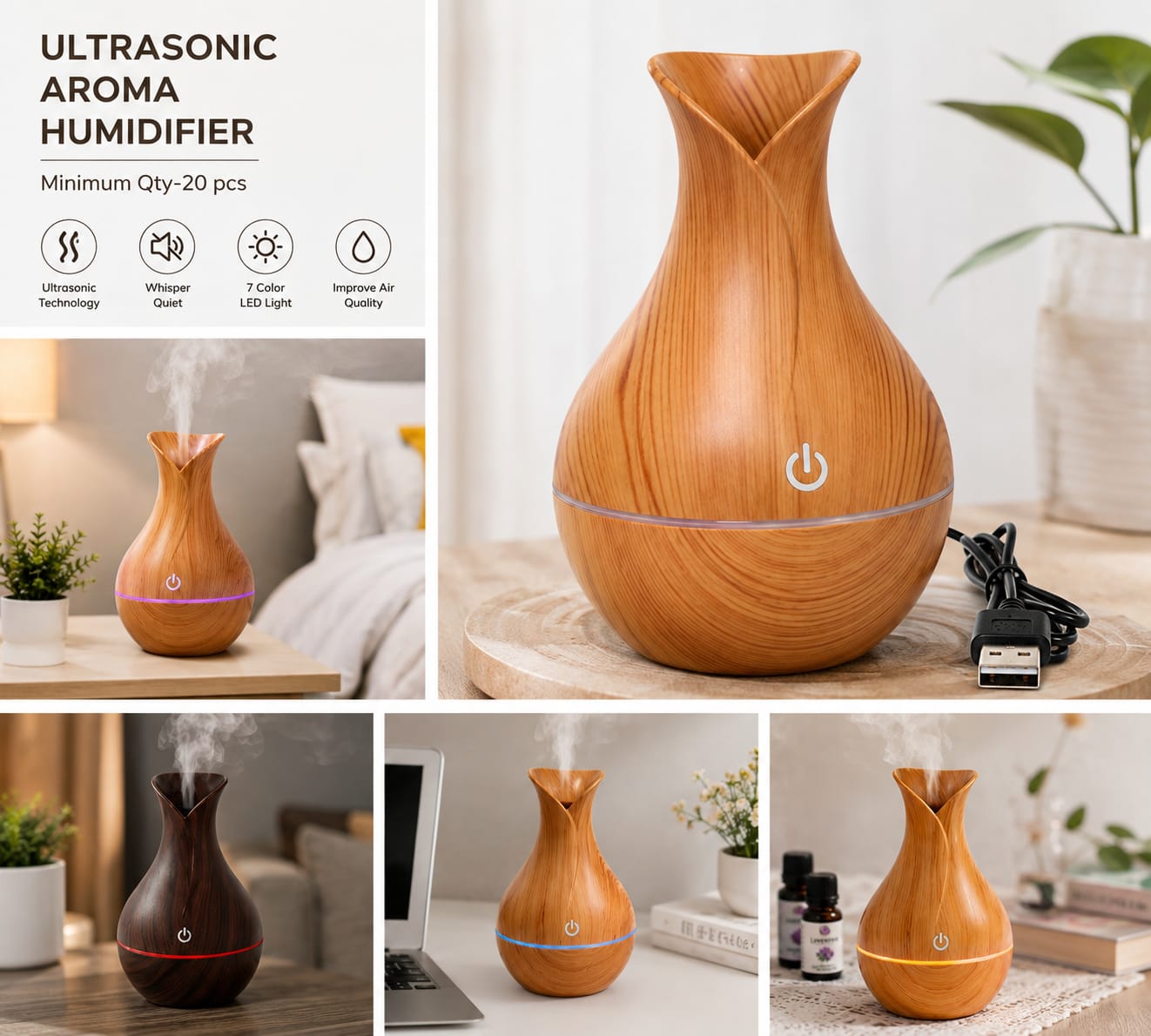 Ultrasonic Aroma Humidifier | USB Essential Oil Diffuser | 7 Color LED Night Light | Wooden Finish Air Humidifier
