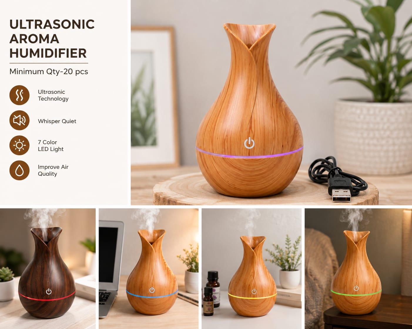 Ultrasonic Aroma Humidifier | USB Essential Oil Diffuser | 7 Color LED Night Light | Wooden Finish Air Humidifier