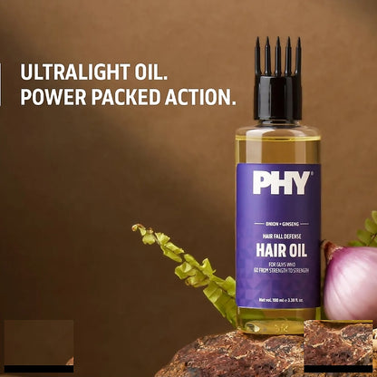 PHY Hair Fall Defense Hair Oil For Men | With Onion + Ginseng | Reduces Hair Fall | Strengthens Roots | Promotes Hair Growth | 100% Vegan | No Parabens | For All Hair Types - 100 ML