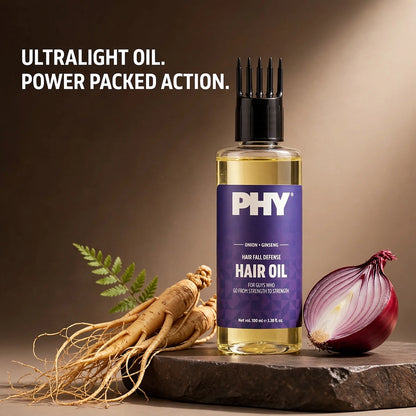 PHY Hair Fall Defense Hair Oil For Men | With Onion + Ginseng | Reduces Hair Fall | Strengthens Roots | Promotes Hair Growth | 100% Vegan | No Parabens | For All Hair Types - 100 ML