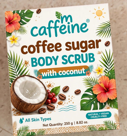 mCaffeine Exfoliating Coffee Sugar Body Scrub with Coconut for Tan Removal & Soft-Smooth Skin | Women & Men | De-Tan, Exfoliates, Hydrates, Removes Dead Skin | Natural, Vegan - 250g